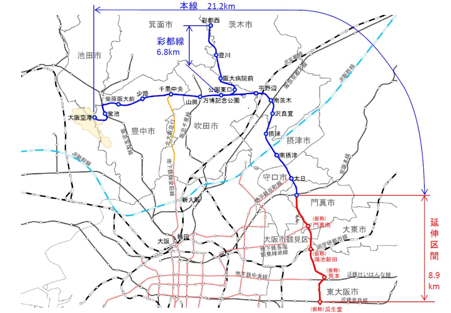 大阪モノレールの延伸区間を示した鉄道ネットワーク図（※1）
